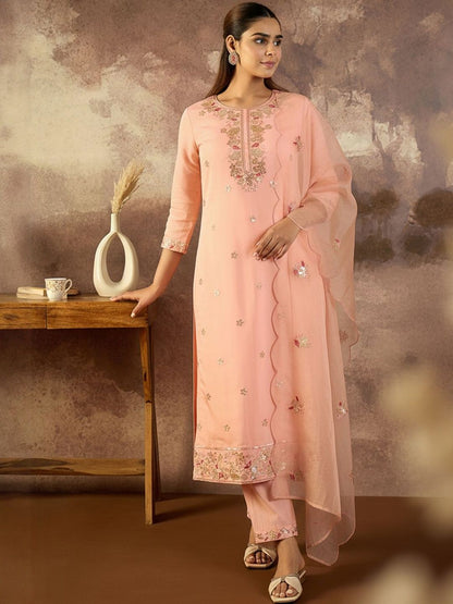 Ethnic Motifs Embroidered Regular Sequinned Kurta With Trousers & Dupatta
