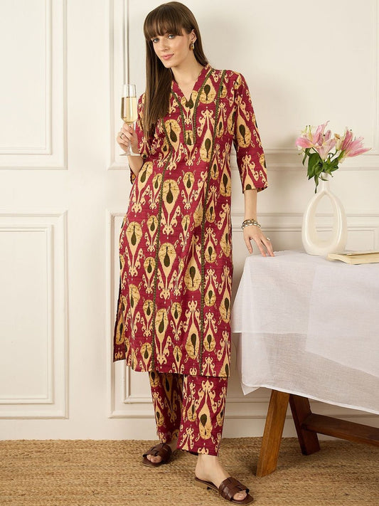 Dhiyona IE Printed V-Neck Three-Quarter Sleeves Pure Cotton Top With Trousers