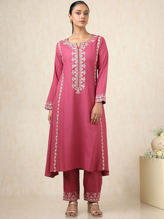 Dhiyona SO Women's Floral Embroidered Notch Neck Thread Work A-Line Kurta With Trousers