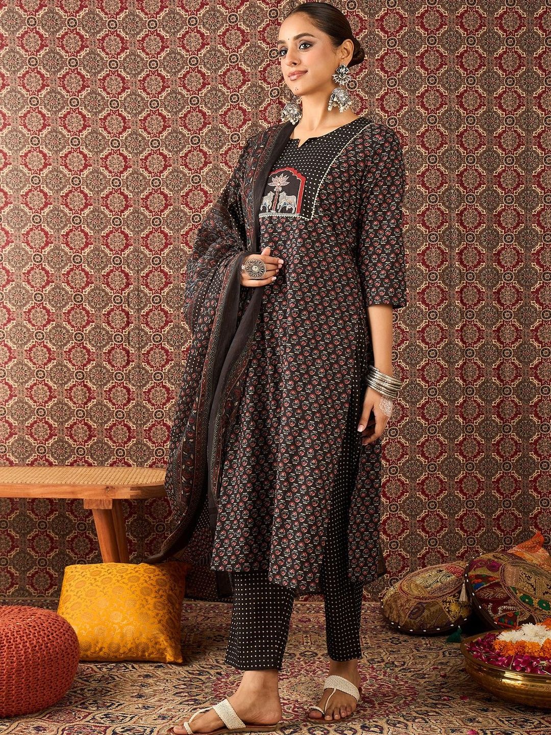Women Ethnic Motifs Printed Regular Thread Work Pure Cotton Kurta with Trousers & With Dupatta