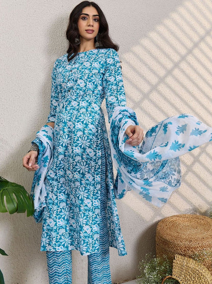 Women Floral Printed Regular Pure Cotton Kurta With Trousers & Dupatta