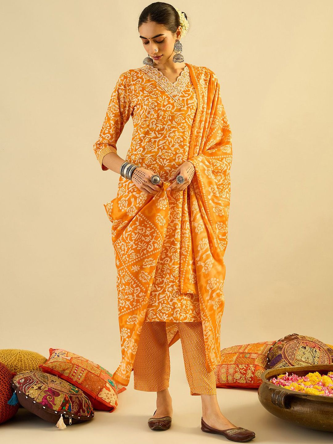 Dhiyona IE Mustard Yellow Floral Printed V-Neck Thread Work Kurta with Trousers & Dupatta