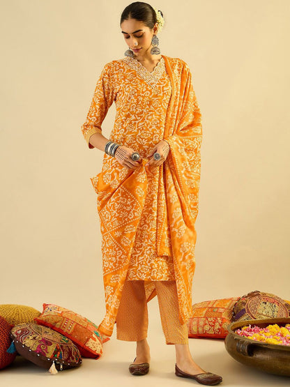 Dhiyona IE Mustard Yellow Floral Printed V-Neck Thread Work Kurta with Trousers & Dupatta