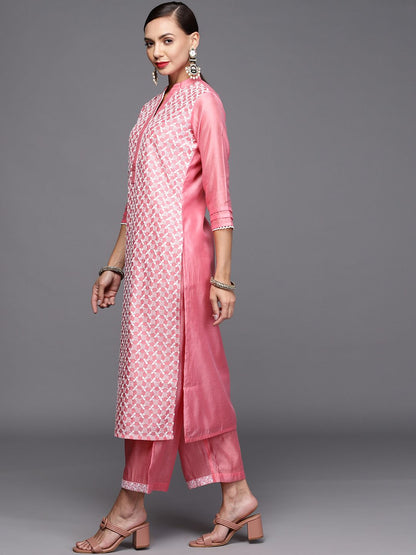 Women Pink & White Ethnic Motifs Embroidered Kurta with Palazzos
