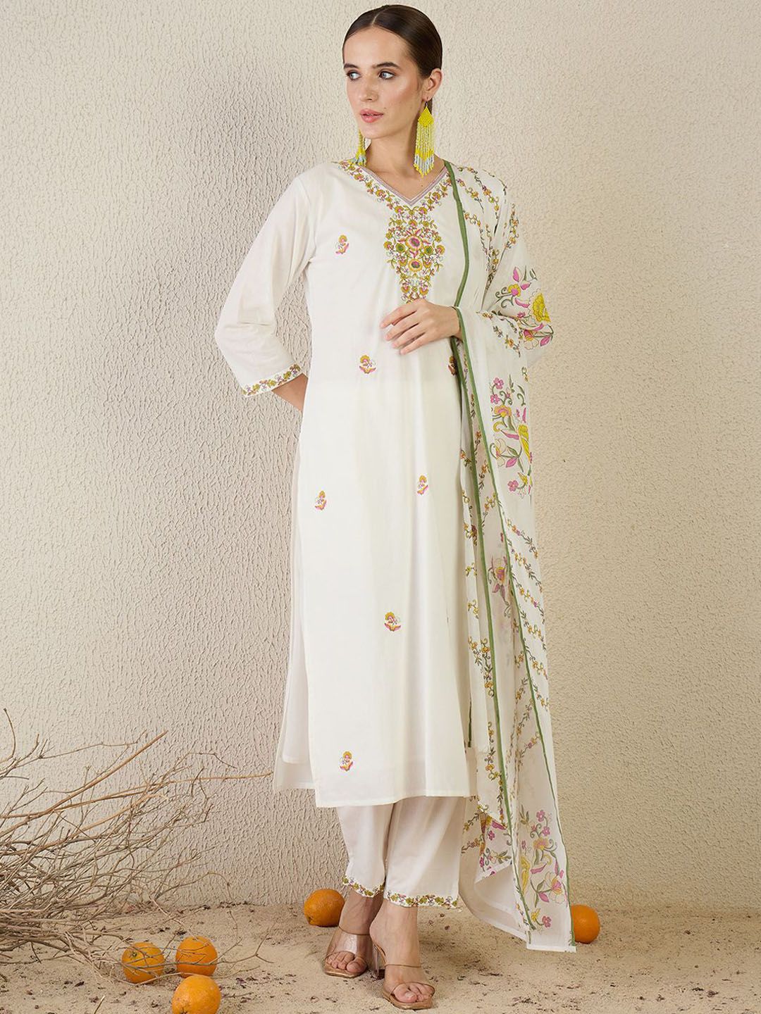Floral Printed V-Neck Pure Cotton Straight Kurta With Trouser & Dupatta