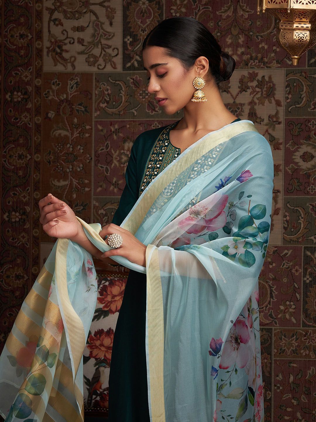 Yoke Design Sequinned Kurta & Trousers With Dupatta