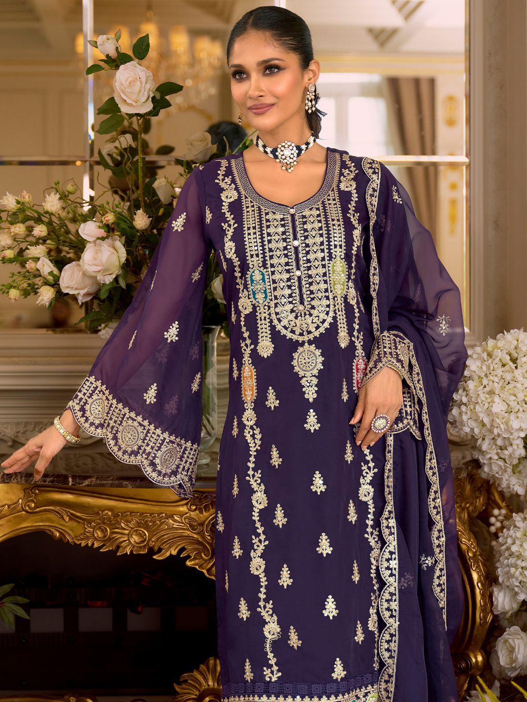 Dhiyona IE Women's Ethnic Motifs Embroidered Zari Organza Straight Kurta & Trousers With Dupatta