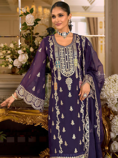 Dhiyona IE Women's Ethnic Motifs Embroidered Zari Organza Straight Kurta & Trousers With Dupatta