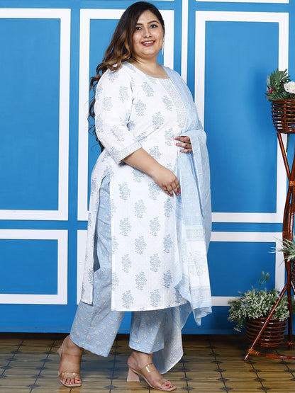 Dhiyona KL Plus Size Floral Printed Sequin Pure Cotton Straight Kurta With Trousers & Dupatta
