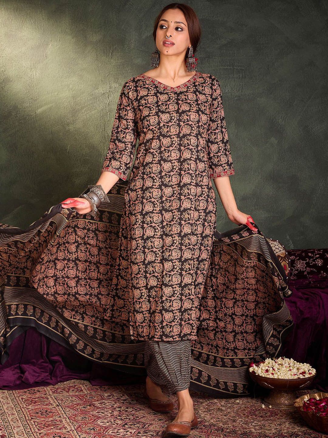 Dhiyona IE Floral Printed V-Neck Cotton Straight Kurta With Trousers & Dupatta