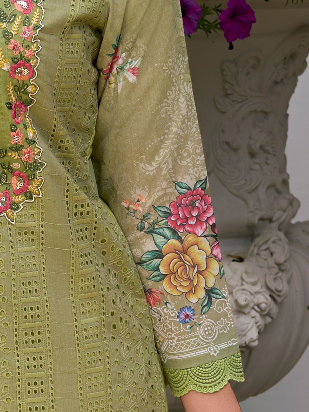 Floral Embroidered Mirror Work Pure Cotton Kurta With Trousers & Dupatta