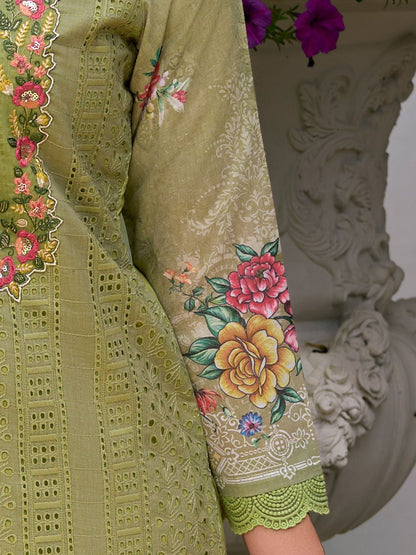 Floral Embroidered Mirror Work Pure Cotton Kurta With Trousers & Dupatta