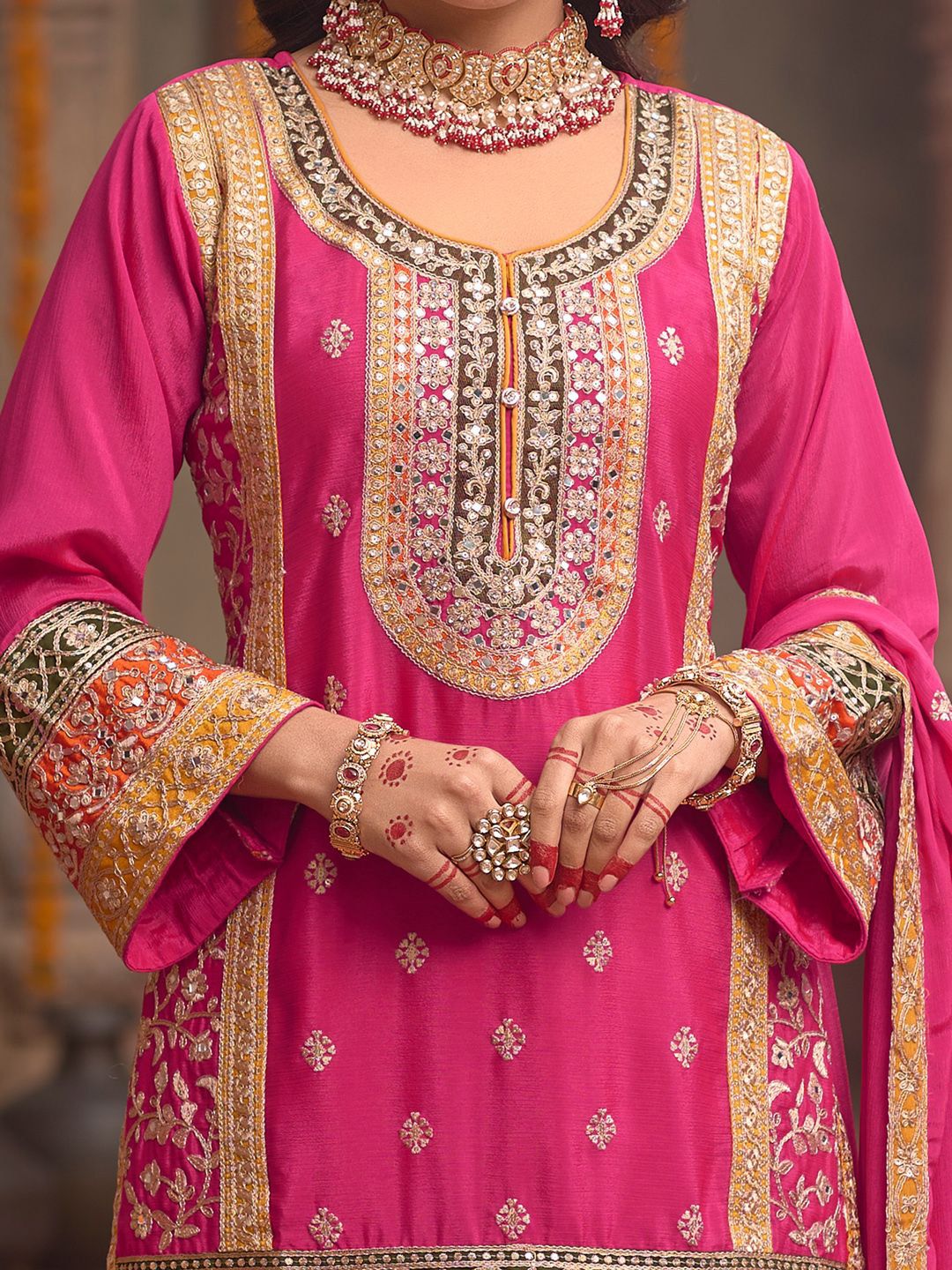Dhiyona IE Floral Embroidered Sequinned Chinon Straight Kurta With Sharara & Dupatta