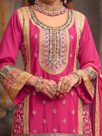 Dhiyona IE Floral Embroidered Sequinned Chinon Straight Kurta With Sharara & Dupatta