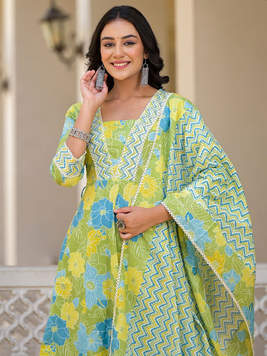 Dhiyona IS Women's Floral Printed Panelled Beads and Stones Anarkali Kurta With Trousers & Dupatta