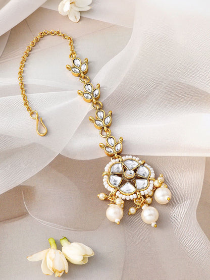 Dhiyona RJ Women's 18K Gold-Plated Kundan Studded Maang Tikka with Pearl Beads for Festive Looks