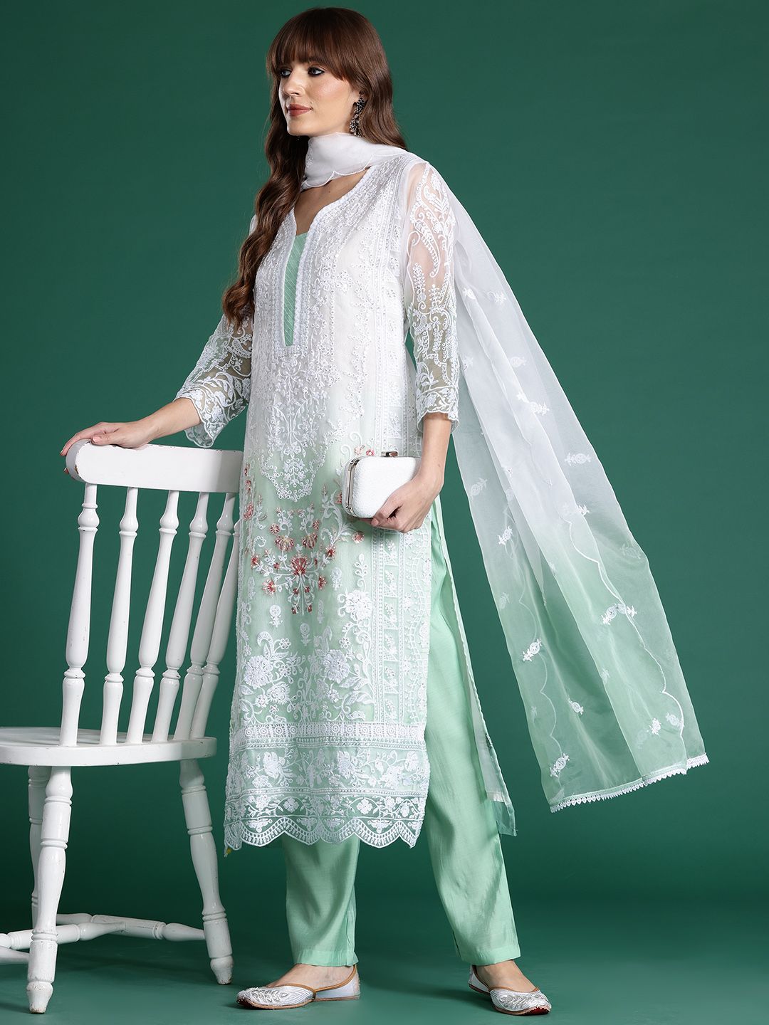 Floral Embroidered Regular Sequinned Kurta With Trousers & Dupatta