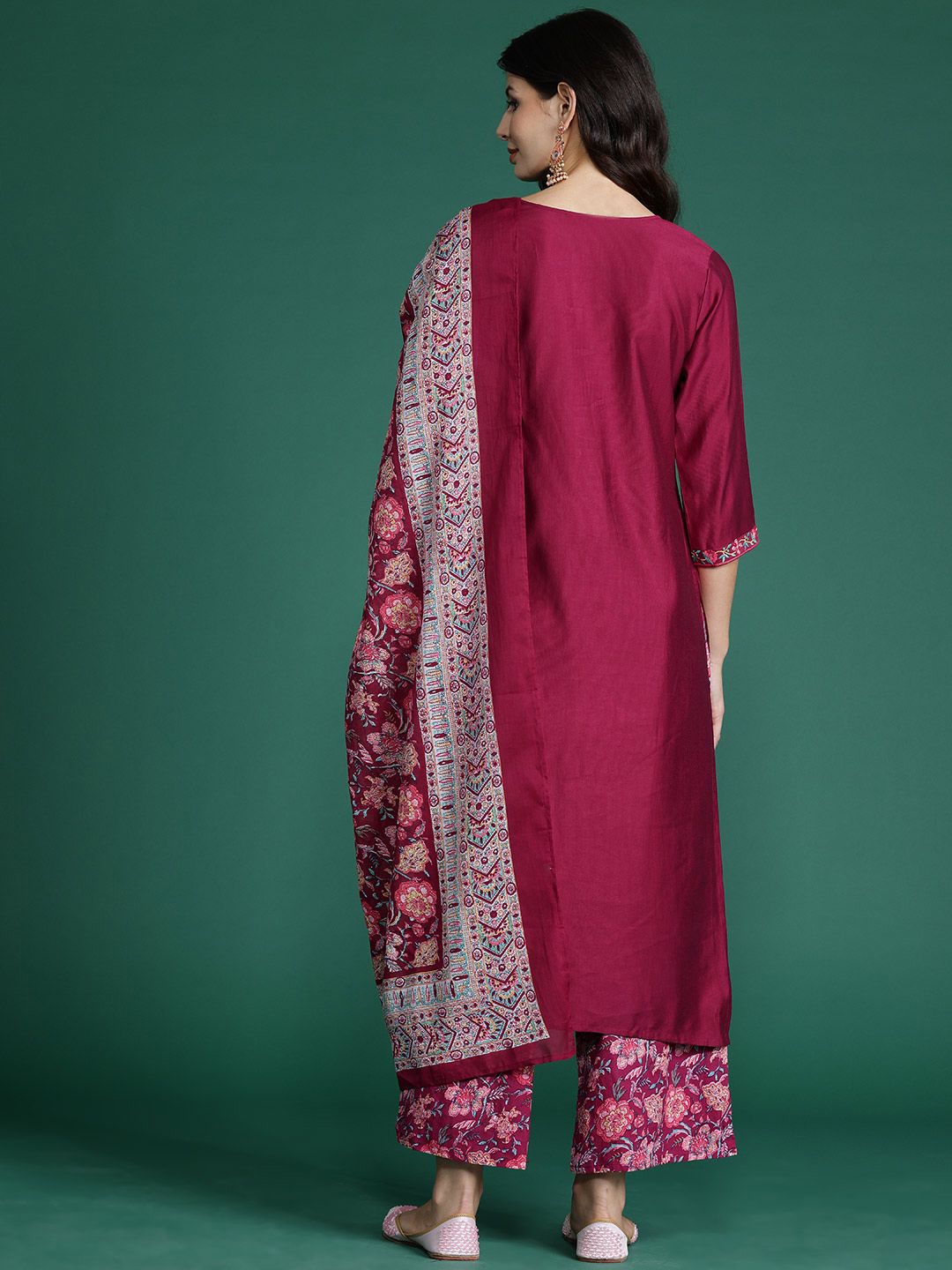 Floral Embroidered Thread Work Kurta With Palazzos & Dupatta