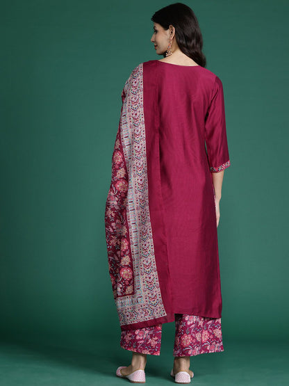 Floral Embroidered Thread Work Kurta With Palazzos & Dupatta