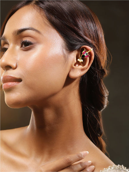 Dhiyona RJ Women's 22K Gold-Plated Ruby, Emerald & Kundan Lotus Motif Minimal Ear Cuff with Pearl Drop