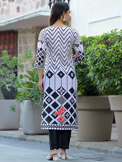 Dhiyona VA Women'sGeometric Printed Straight Kurta With Trousers & Dupatta