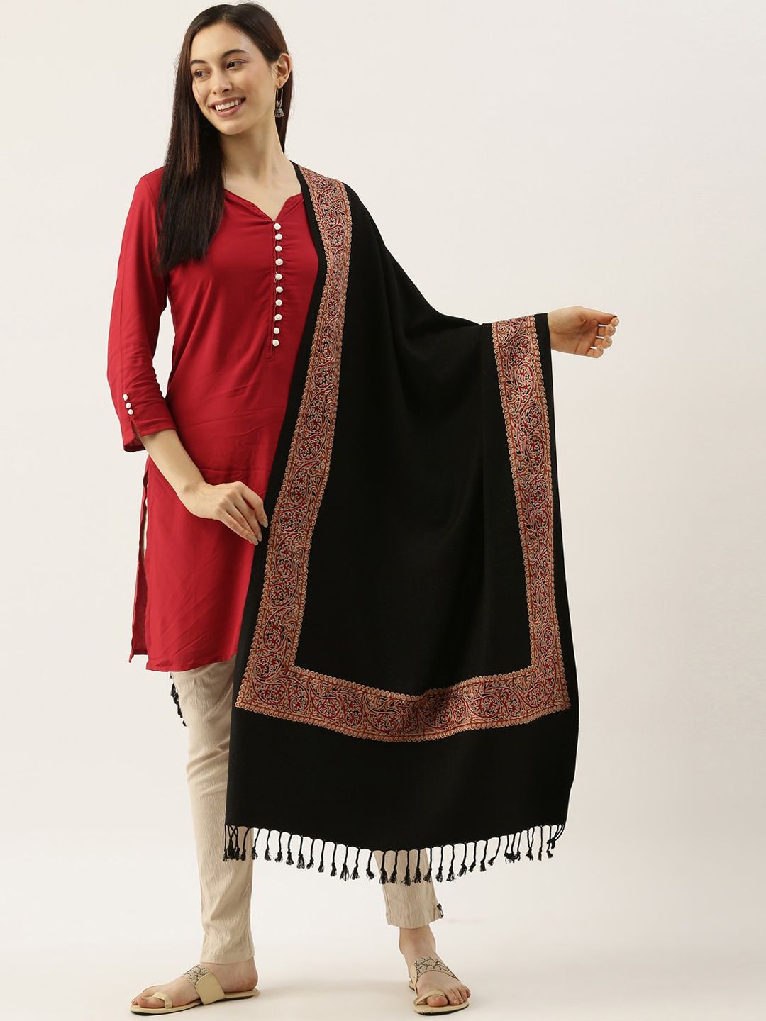 Dhiyona PA Women Black & Maroon Embroidered Shawl