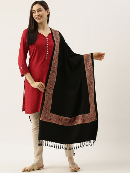 Dhiyona PA Women Black & Maroon Embroidered Shawl