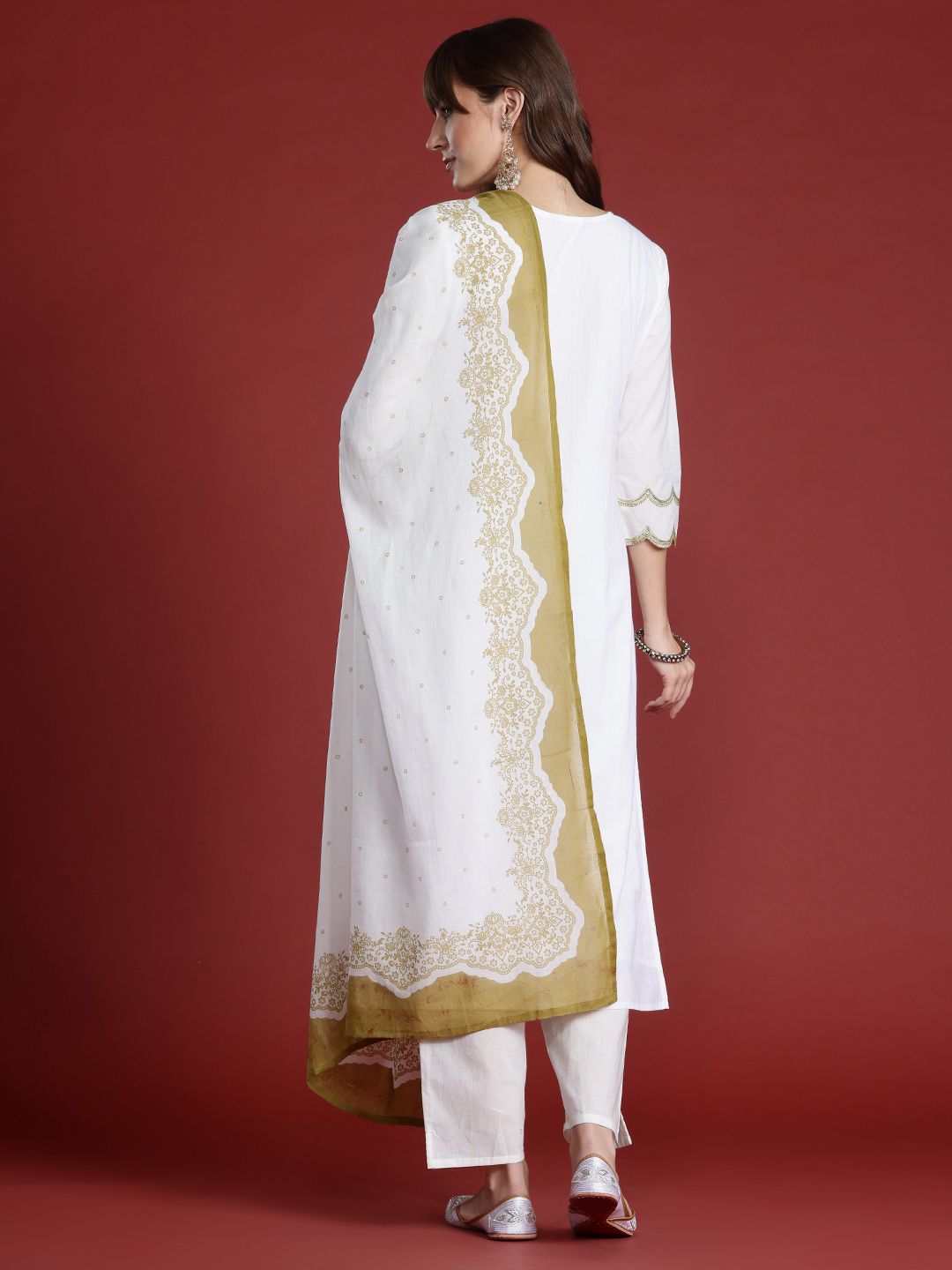 Floral Embroidered Sequinned Pure Cotton Kurta with Trousers & Dupatta