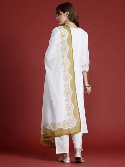Floral Embroidered Sequinned Pure Cotton Kurta with Trousers & Dupatta