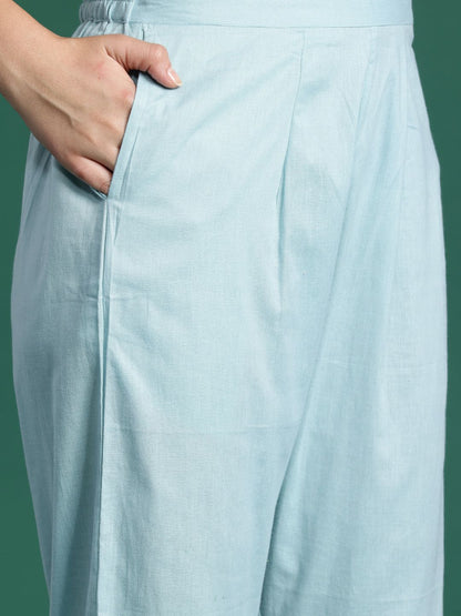 Floral Printed Thread Work Pure Cotton Kurta With Trousers & Dupatta