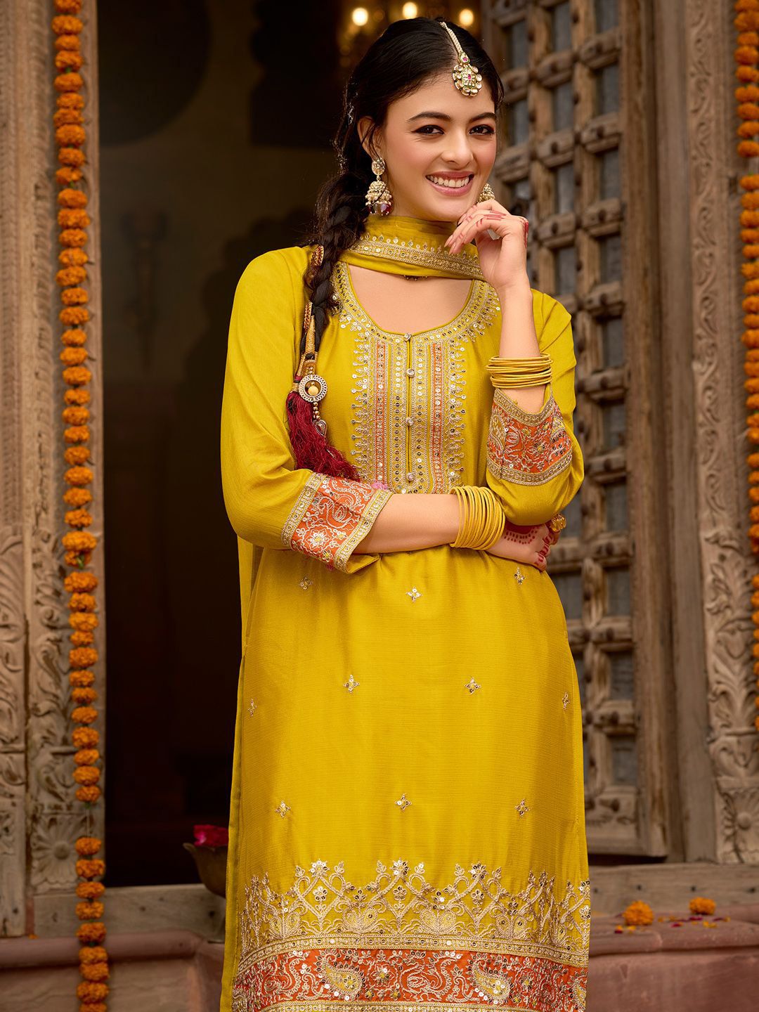Ethnic Motifs Embroidered Sequinned Straight Kurta with Trouser & Dupatta