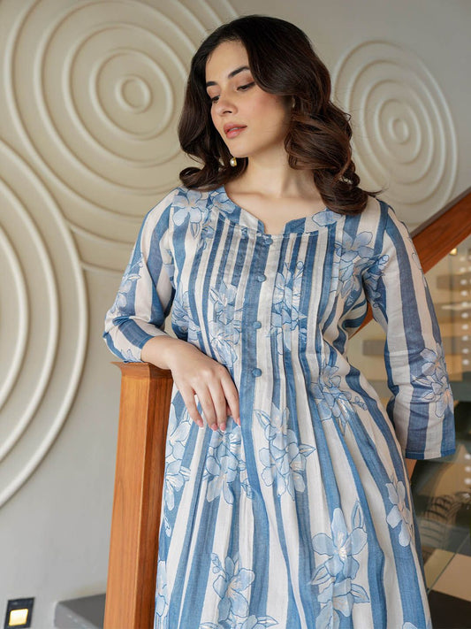 Dhiyona IE Floral Printed Round Neck A-Line Pure Cotton Kurta With Trousers