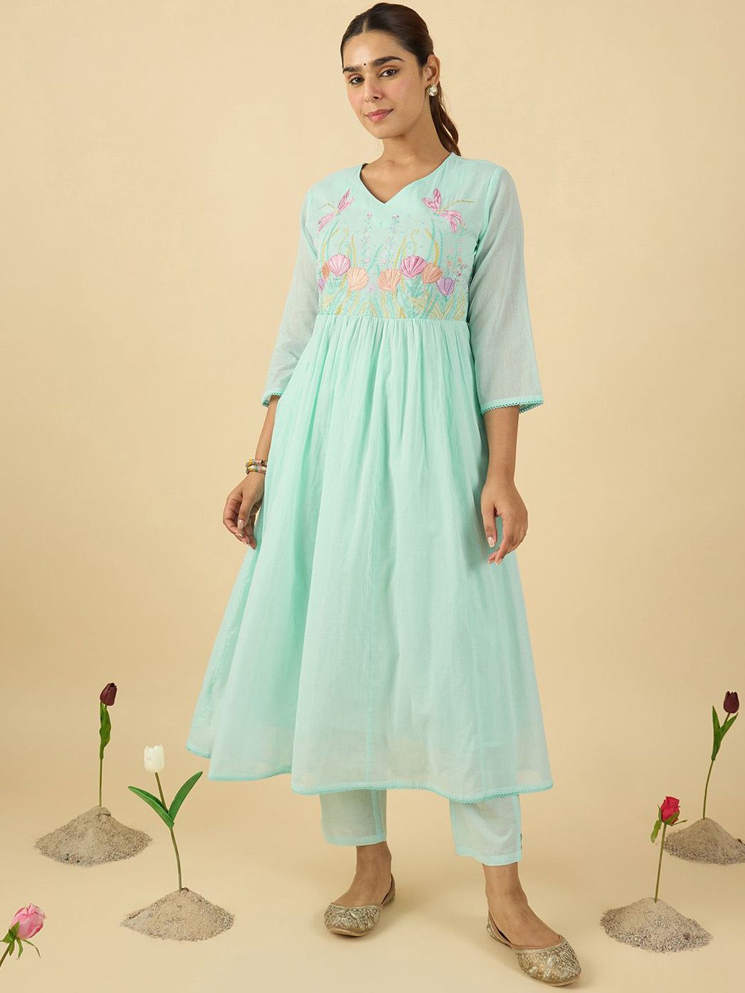 Women Floral Embroidered Cotton Kurta with Trousers & Dupatta