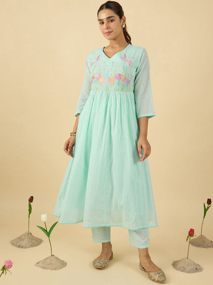 Women Floral Embroidered Cotton Kurta with Trousers & Dupatta