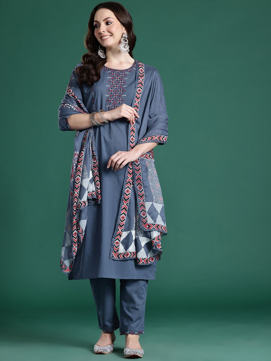 Embroidered Pure Cotton Kurta with Trousers & Dupatta