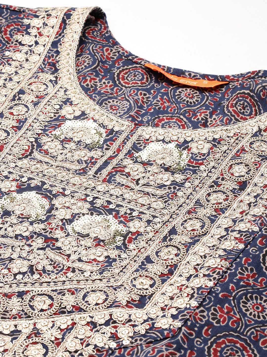 Plus Size Ethnic Motifs Printed Sequinned Pure Cotton Kurta Set