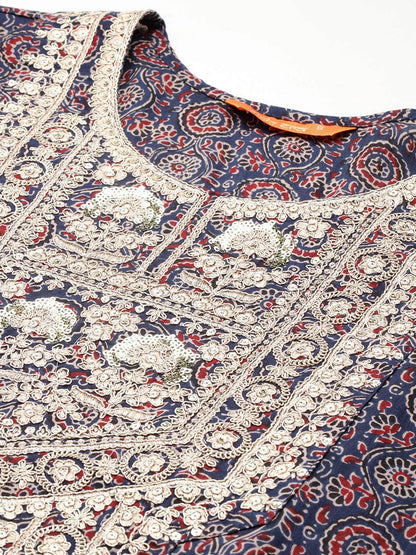Plus Size Ethnic Motifs Printed Sequinned Pure Cotton Kurta Set