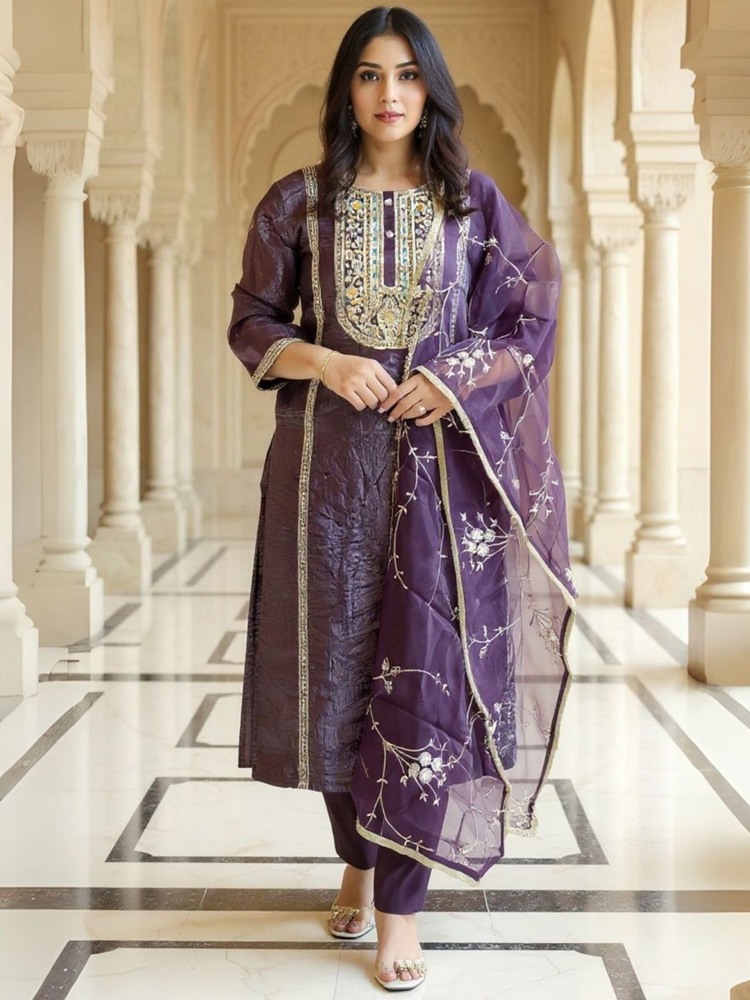 Women Woven Design Thread Work Kurta With Trousers & Dupatta Kurta Sets