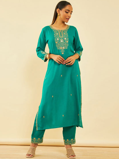 Dhiyona SO Women's Ethnic Motifs Embroidered Regular Mirror Work Kurta with Trouser