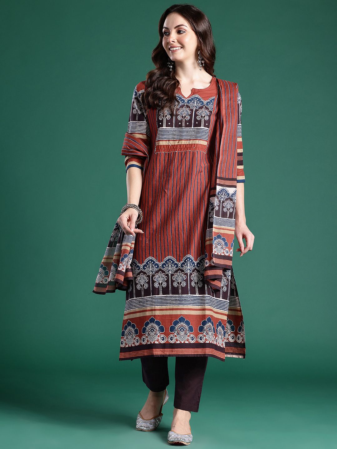 Dhiyona IE Women Striped Regular Mirror Work Pure Cotton Kurta with Trousers & With Dupatta