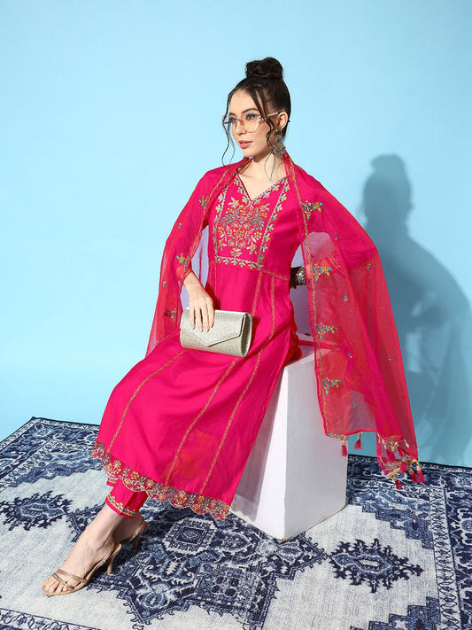 Dhiyona SN Women's Floral Yoke Design Regular Kurta with Trousers & With Dupatta