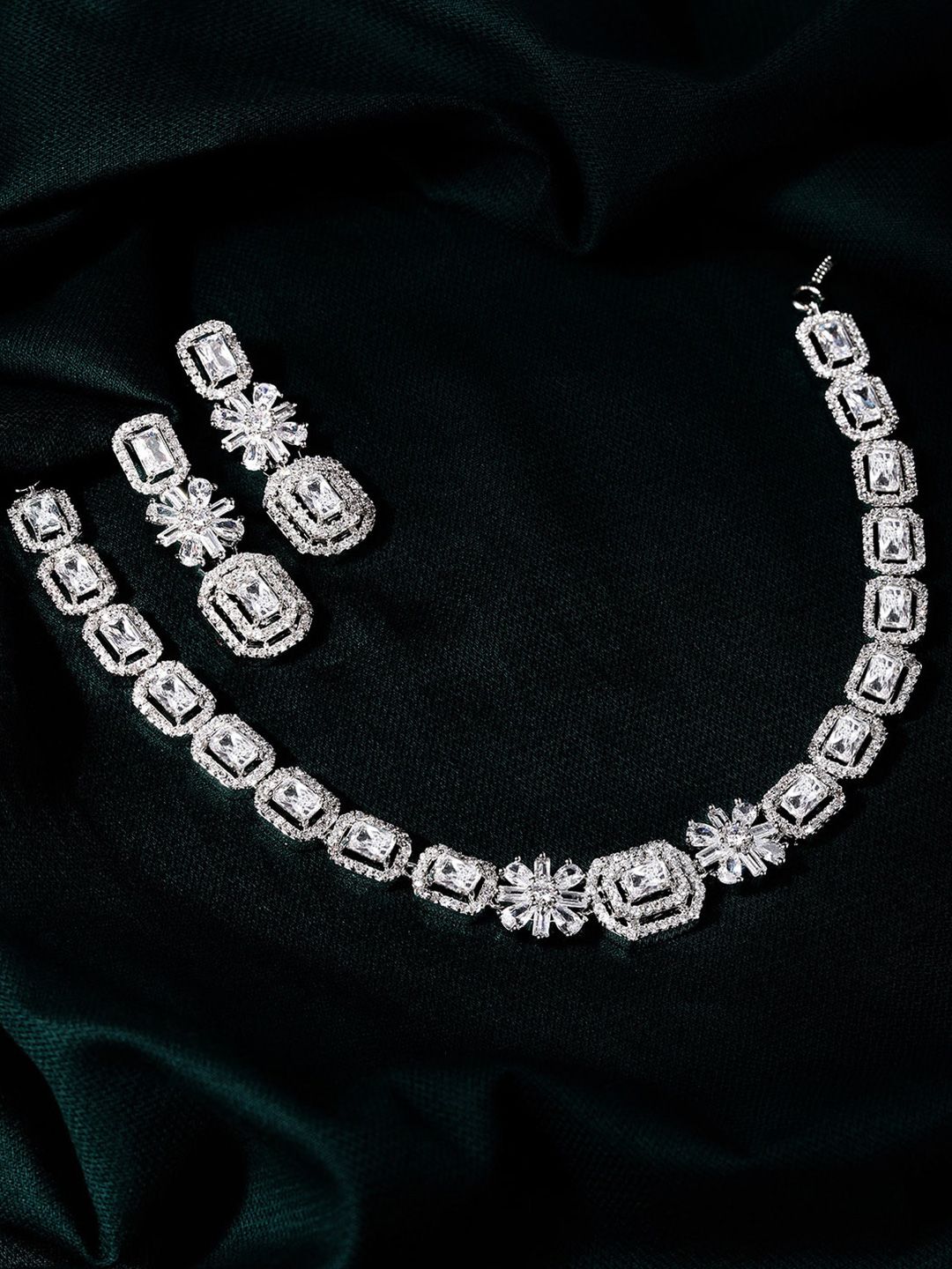 Dhiyona RJ Women's Rhodium Plated White Cubic Zirconia Stone Studded Floral Classic Jewellery Set
