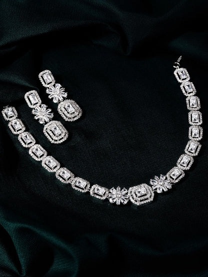 Dhiyona RJ Women's Rhodium Plated White Cubic Zirconia Stone Studded Floral Classic Jewellery Set