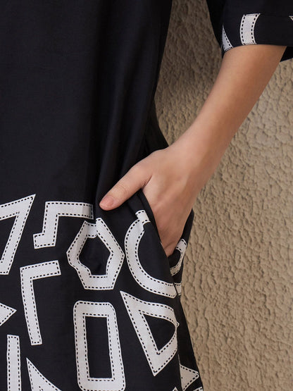 Dhiyona IE Geometric Printed V-Neck Pure Cotton A-Line Kurta With Palazzos