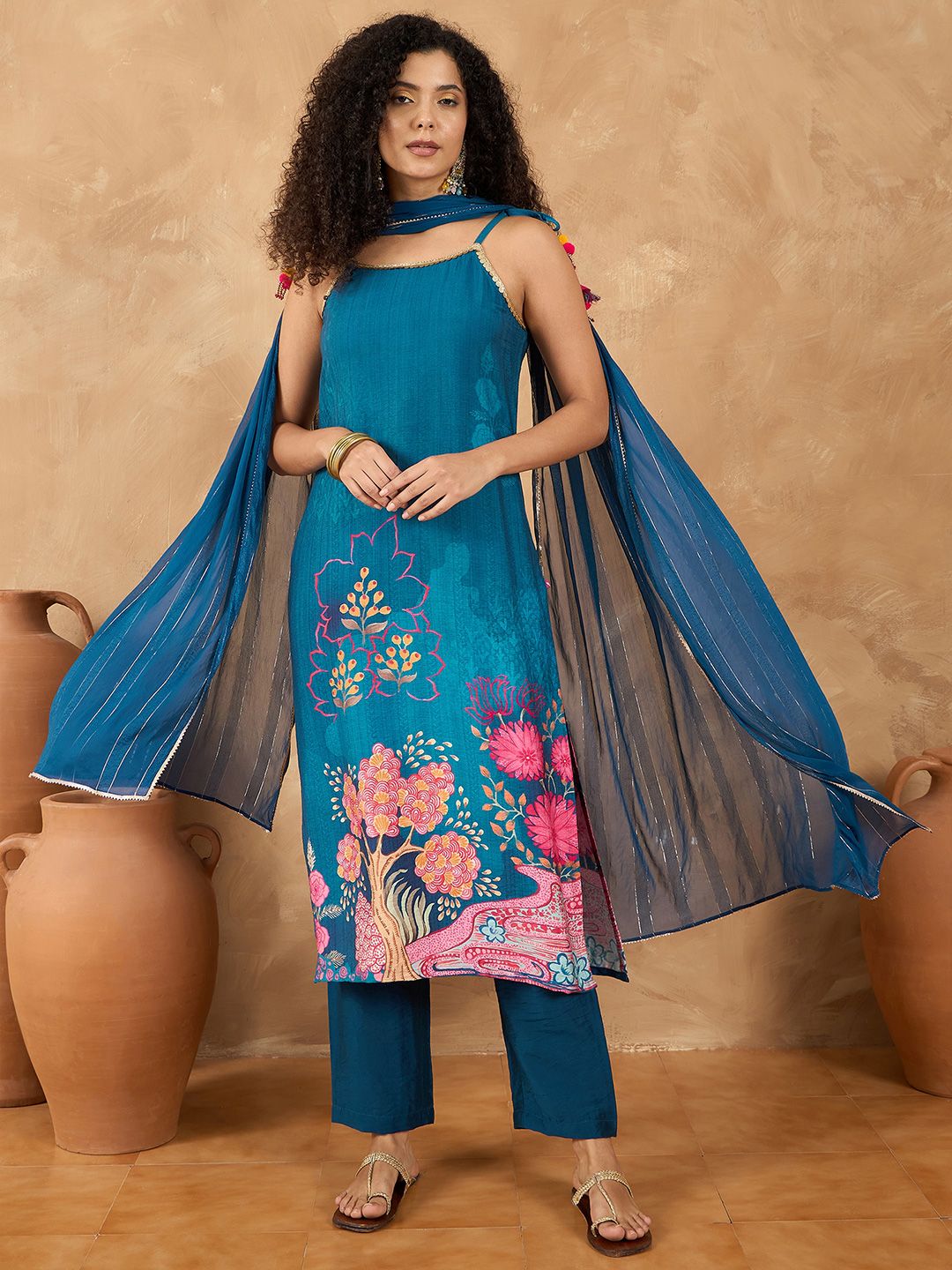 Dhiyona VA Women's Spaghetti Tie up Strap Straight Floral Kurta with Trousers and Dupatta