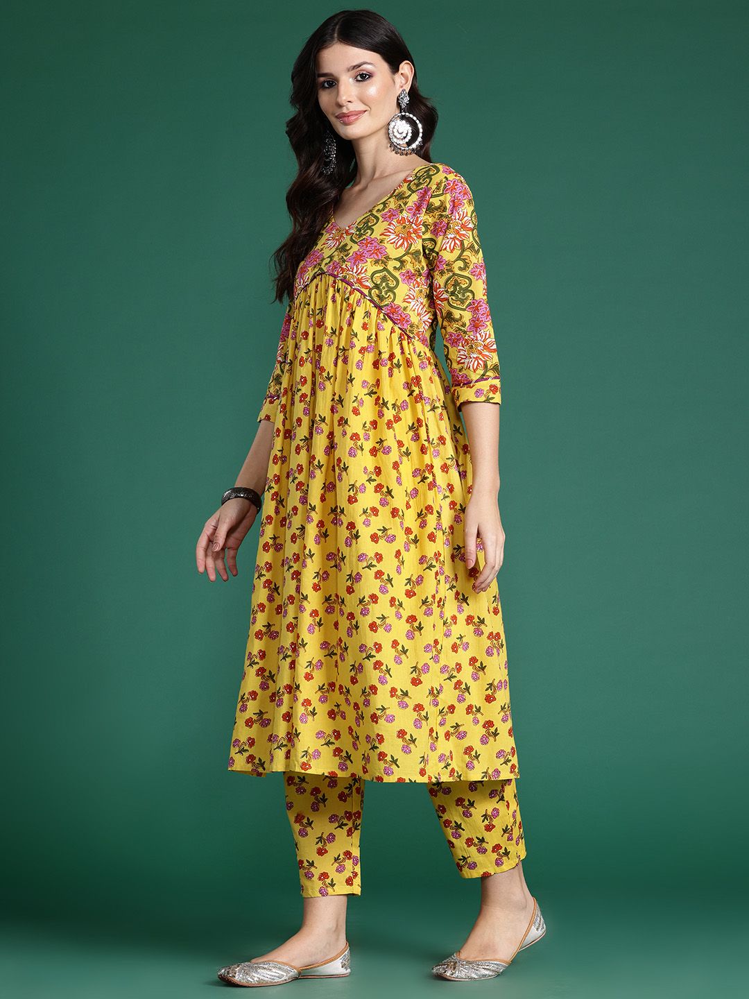 Dhiyona IE Floral Printed Empire Gotta Patti Pure Cotton Kurta With Trousers & Dupatta