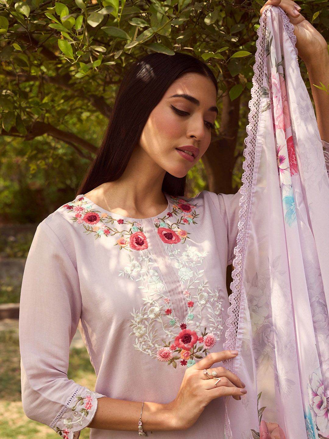Dhiyona IE Floral Embroidered Straight Kurta With Trousers & Dupatta