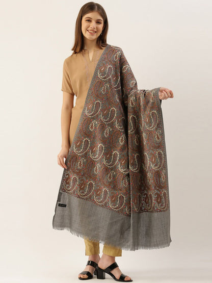 Dhiyona PA Women Grey Melange & Brown Embroidered Woolen Shawl