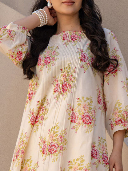 Dhiyona IE Floral Printed A Line Pure Cotton Kurta With Trousers