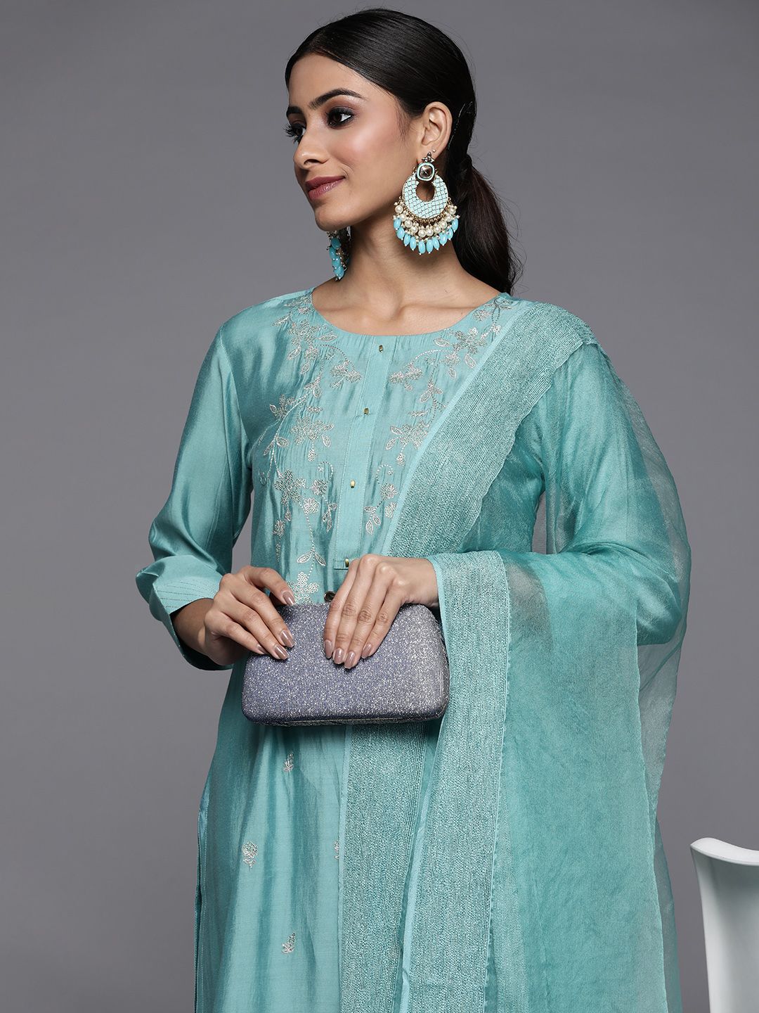 Dhiyona VA Women's Blue Ethnic Motifs Embroidered Sequinned Kurta with Trousers & With Dupatta